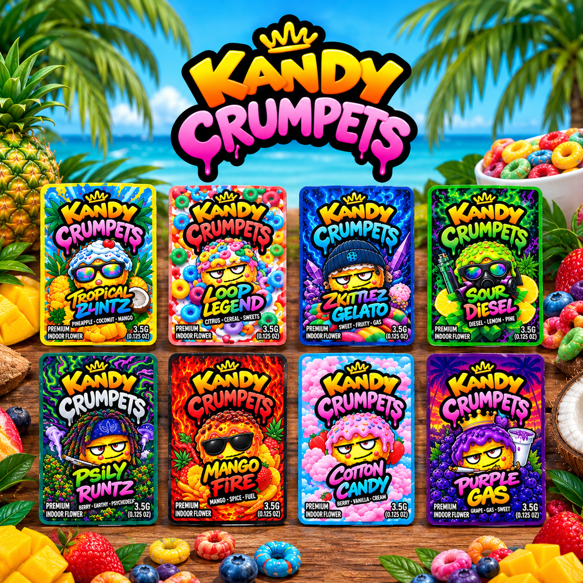 Kandy Crumpets Collection 2026 – 8 Custom Design one sided Sticker Mylar Set (3.5g)
