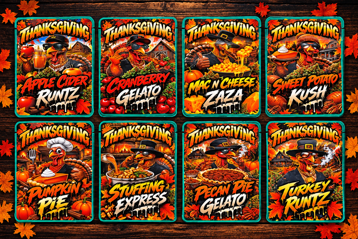 Thanksgiving Collection 2026 – 8 Custom Design one sided Sticker Mylar Set (3.5g)