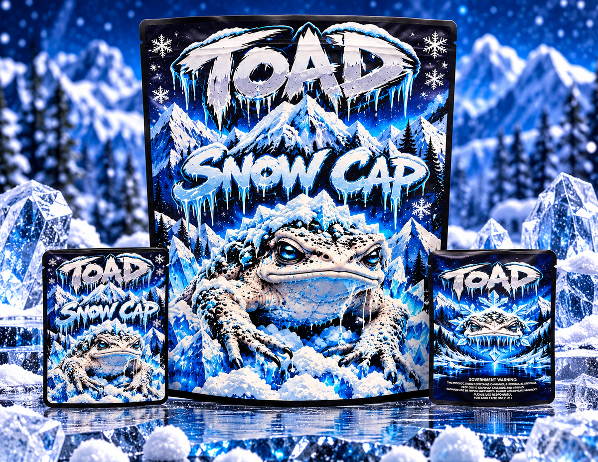 Toad SnowCap 3.5g + 1 pound – Custom Double Sided Design Sticker Mylar Bag Set