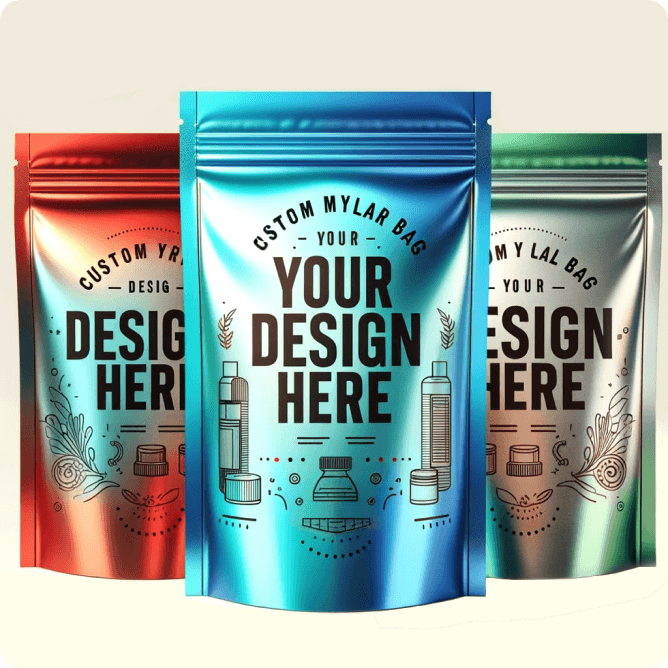 Three customized Mylar bags with a section labeled 'YOUR DESIGN HERE' in red, blue, and green colors.