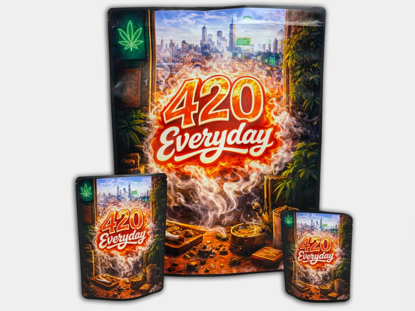420 Everyday CUSTOM STICKER Combo Pack Mylar Bag Set – 32 (3.5g), 16 (1oz), 1 (1lb)