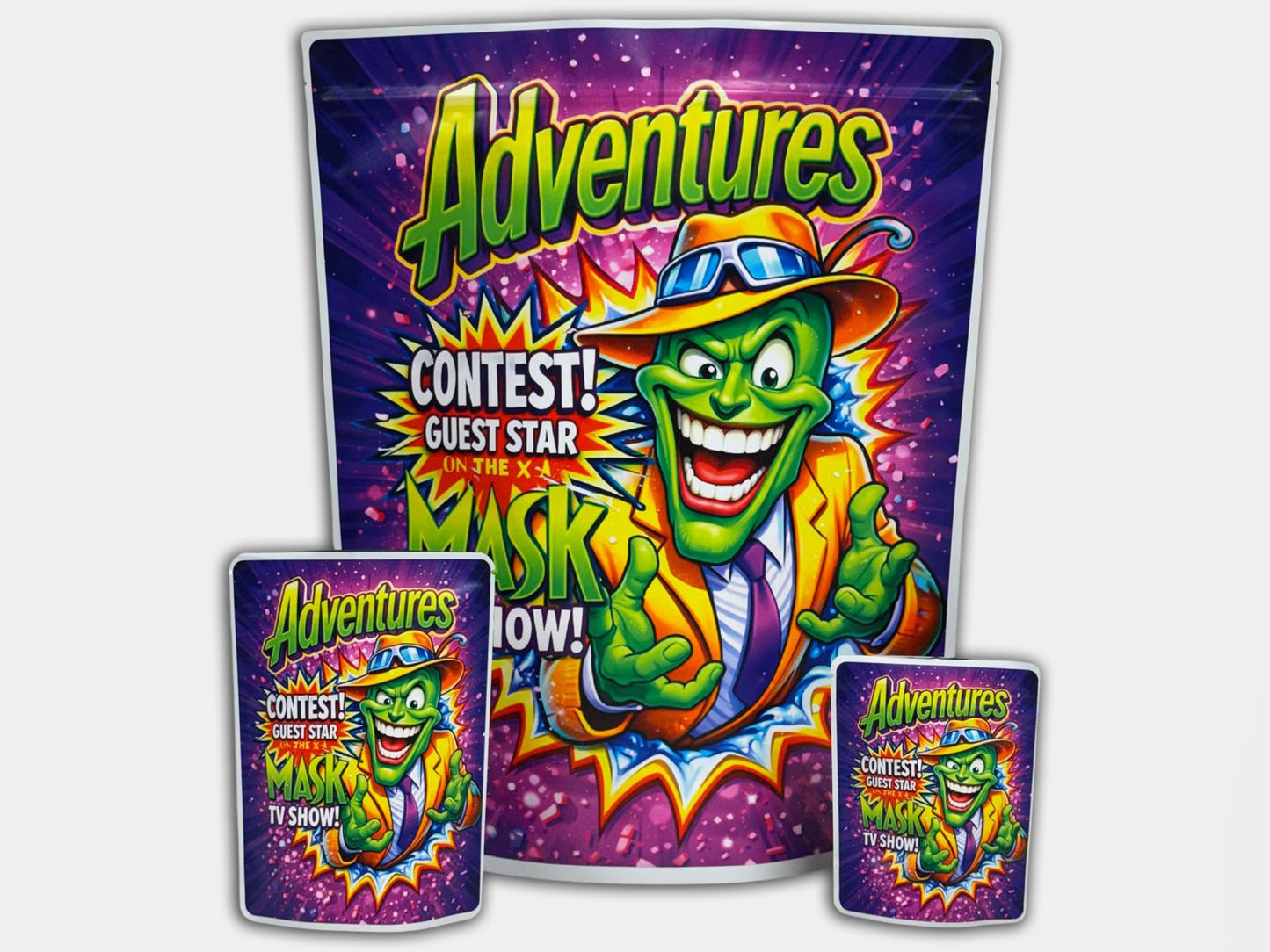 Adventures The Mask CUSTOM STICKER Combo Pack Mylar Bag Set – 32 (3.5g), 16 (1oz), 1 (1lb)