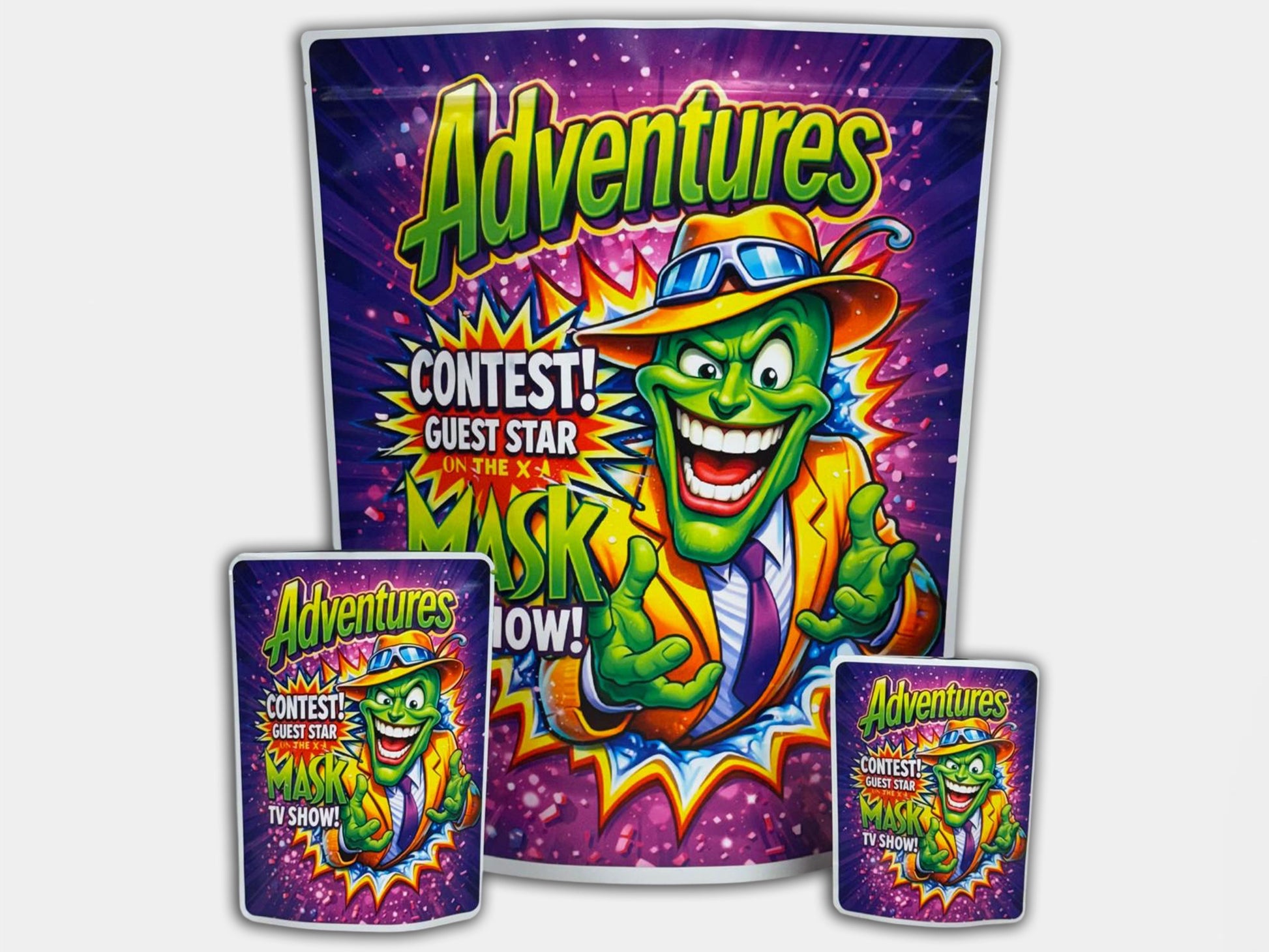 Adventures The Mask CUSTOM STICKER Combo Pack Mylar Bag Set – 32 (3.5g), 16 (1oz), 1 (1lb)