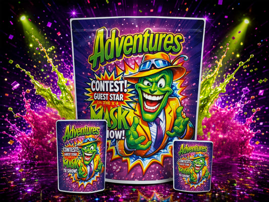 Adventures The Mask CUSTOM STICKER Combo Pack Mylar Bag Set – 32 (3.5g), 16 (1oz), 1 (1lb)
