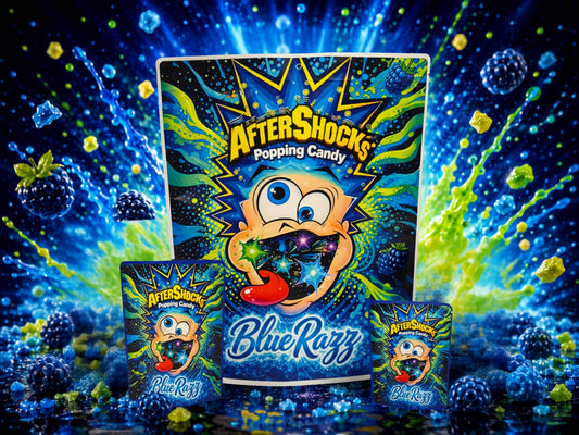 After Shocks Blue Razz Popping Candy CUSTOM STICKER Combo Pack Mylar Bag Set – 32 (3.5g), 16 (1oz), 1 (1lb)