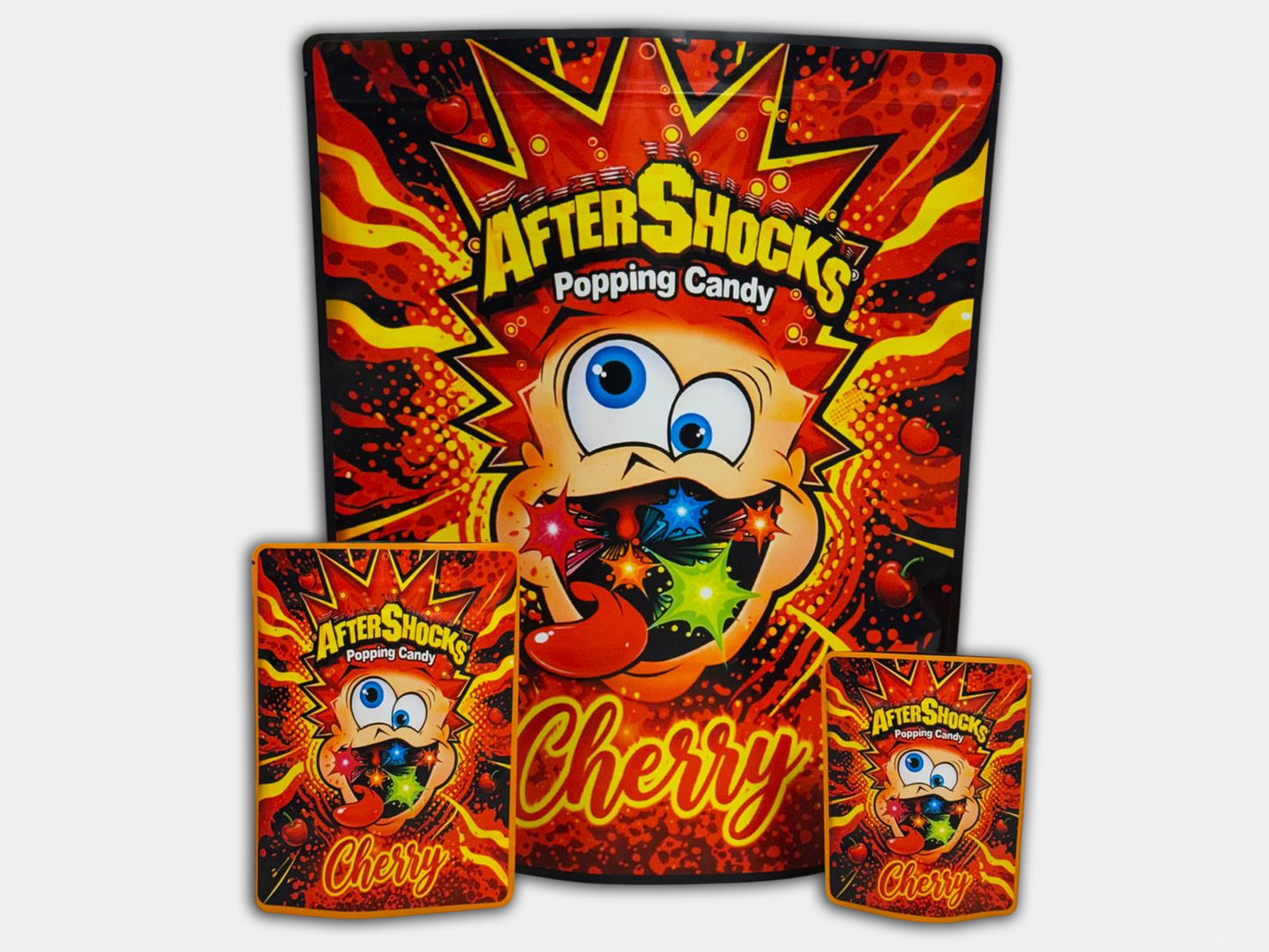 After Shocks Cherry Popping Candy CUSTOM STICKER Combo Pack Mylar Bag Set – 32 (3.5g), 16 (1oz), 1 (1lb)