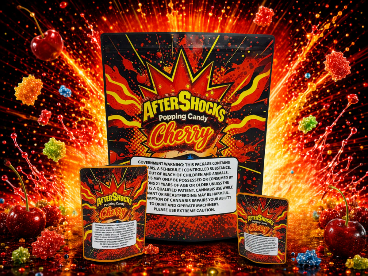 After Shocks Cherry Popping Candy CUSTOM STICKER Combo Pack Mylar Bag Set – 32 (3.5g), 16 (1oz), 1 (1lb) 11