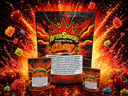 After Shocks Cherry Popping Candy CUSTOM STICKER Combo Pack Mylar Bag Set – 32 (3.5g), 16 (1oz), 1 (1lb) 11