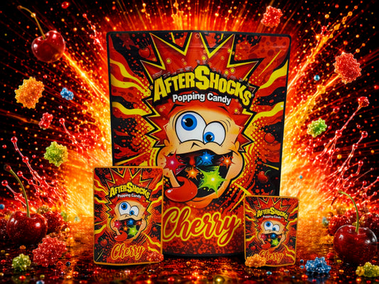 After Shocks Cherry Popping Candy CUSTOM STICKER Combo Pack Mylar Bag Set – 32 (3.5g), 16 (1oz), 1 (1lb)