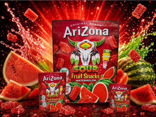 Arizona Sour Watermelon Fruit Snacks CUSTOM STICKER Combo Pack Mylar Bag Set – 32 (3.5g), 16 (1oz), 1 (1lb)