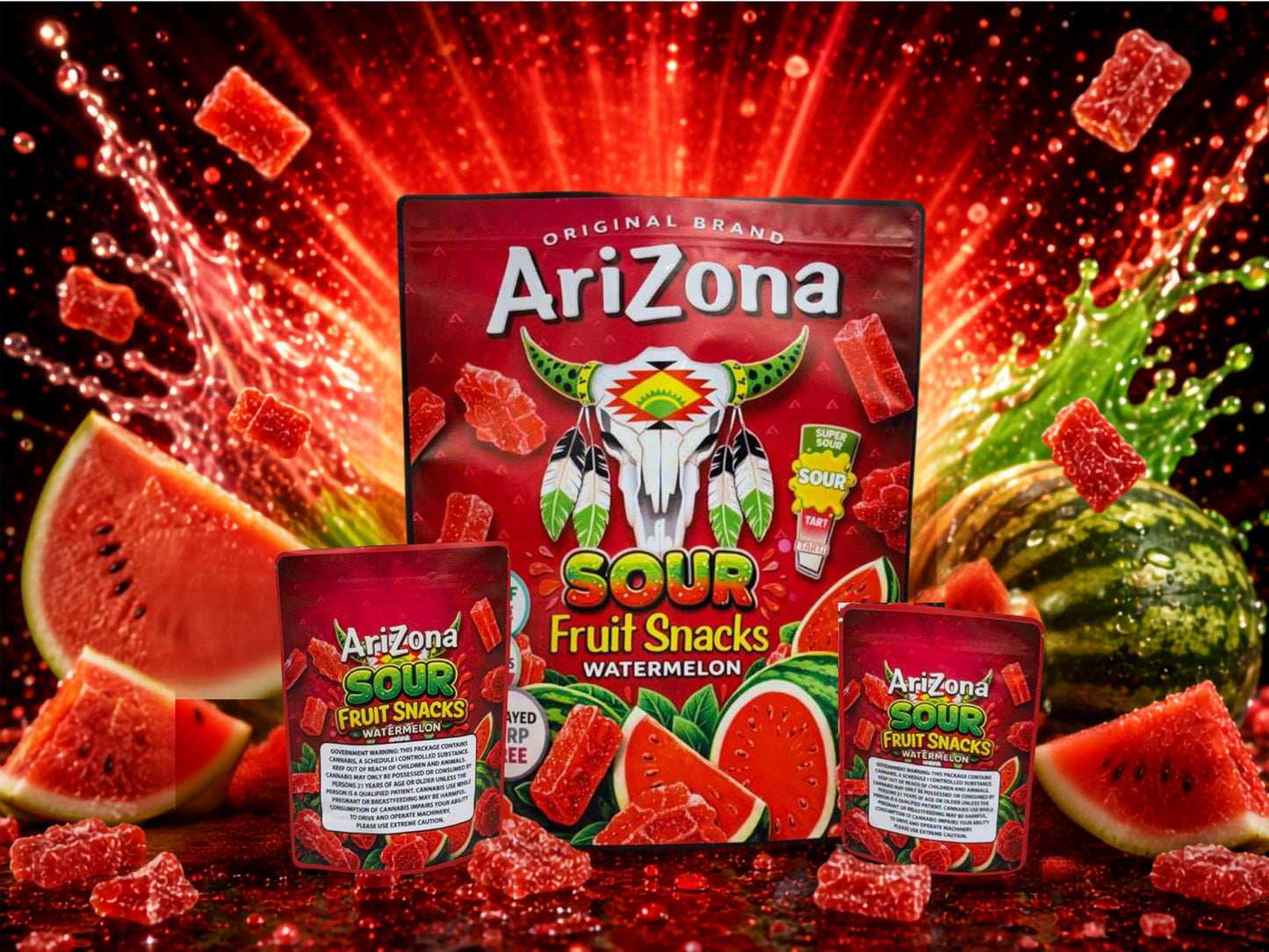 Arizona Sour Watermelon Fruit Snacks CUSTOM STICKER Combo Pack Mylar Bag Set – 32 (3.5g), 16 (1oz), 1 (1lb)