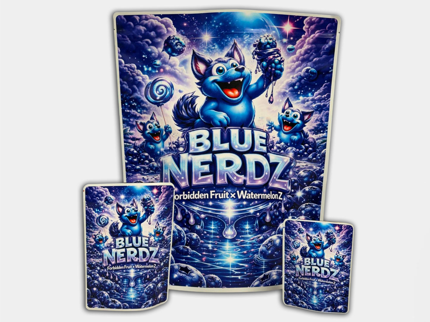Blue Nerdz CUSTOM STICKER Combo Pack Mylar Bag Set – 32 (3.5g), 16 (1oz), 1 (1lb)
