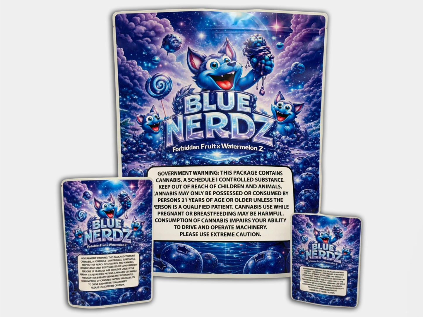 Blue Nerdz CUSTOM STICKER Combo Pack Mylar Bag Set – 32 (3.5g), 16 (1oz), 1 (1lb) 1
