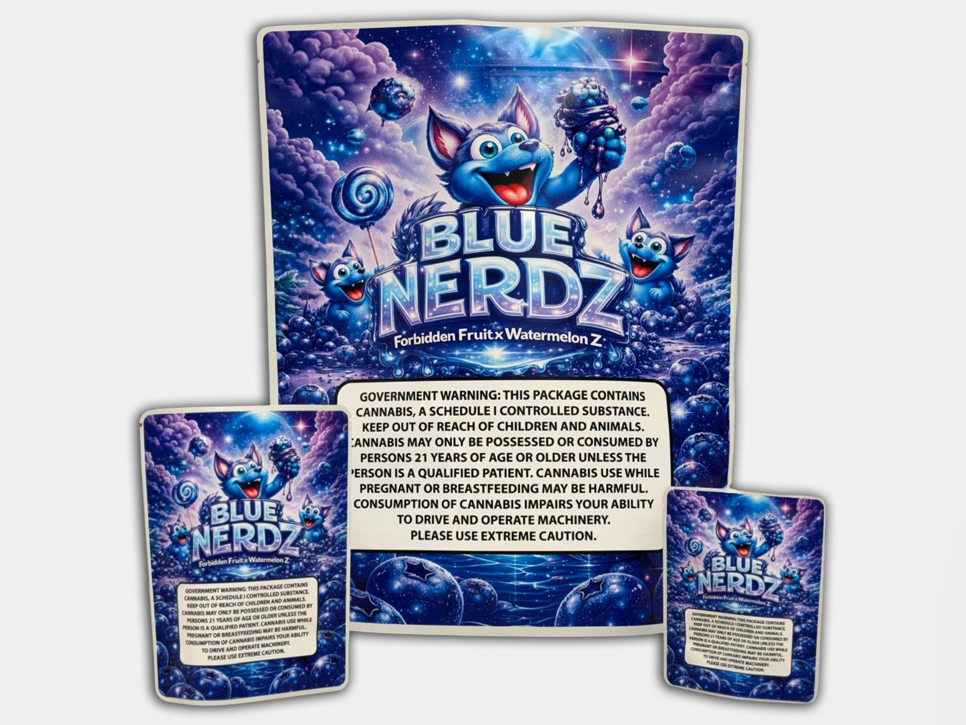 Blue Nerdz CUSTOM STICKER Combo Pack Mylar Bag Set – 32 (3.5g), 16 (1oz), 1 (1lb) 1