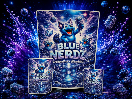 Blue Nerdz CUSTOM STICKER Combo Pack Mylar Bag Set – 32 (3.5g), 16 (1oz), 1 (1lb)