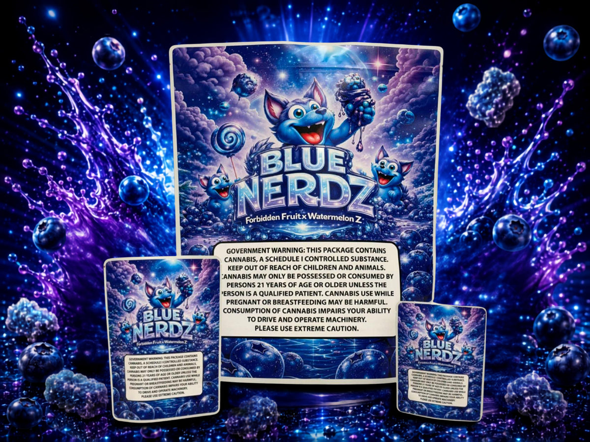 Blue Nerdz CUSTOM STICKER Combo Pack Mylar Bag Set – 32 (3.5g), 16 (1oz), 1 (1lb) 11