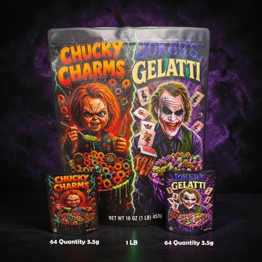 HALLOWEEN CUSTOM STICKER Combo Pack Mylar Bag Set – 64 Each Design (3.5g), 1 (1lb)