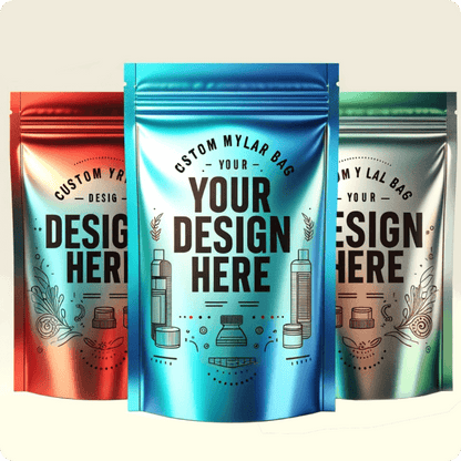 Three customized Mylar bags with a section labeled 'YOUR DESIGN HERE' in red, blue, and green colors.