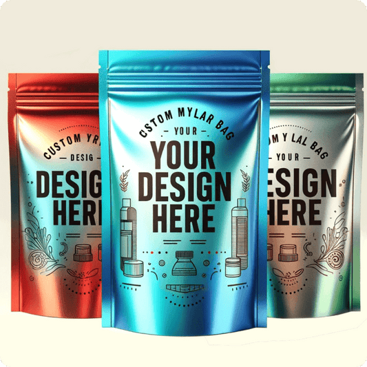 Three customized Mylar bags with a section labeled 'YOUR DESIGN HERE' in red, blue, and green colors.