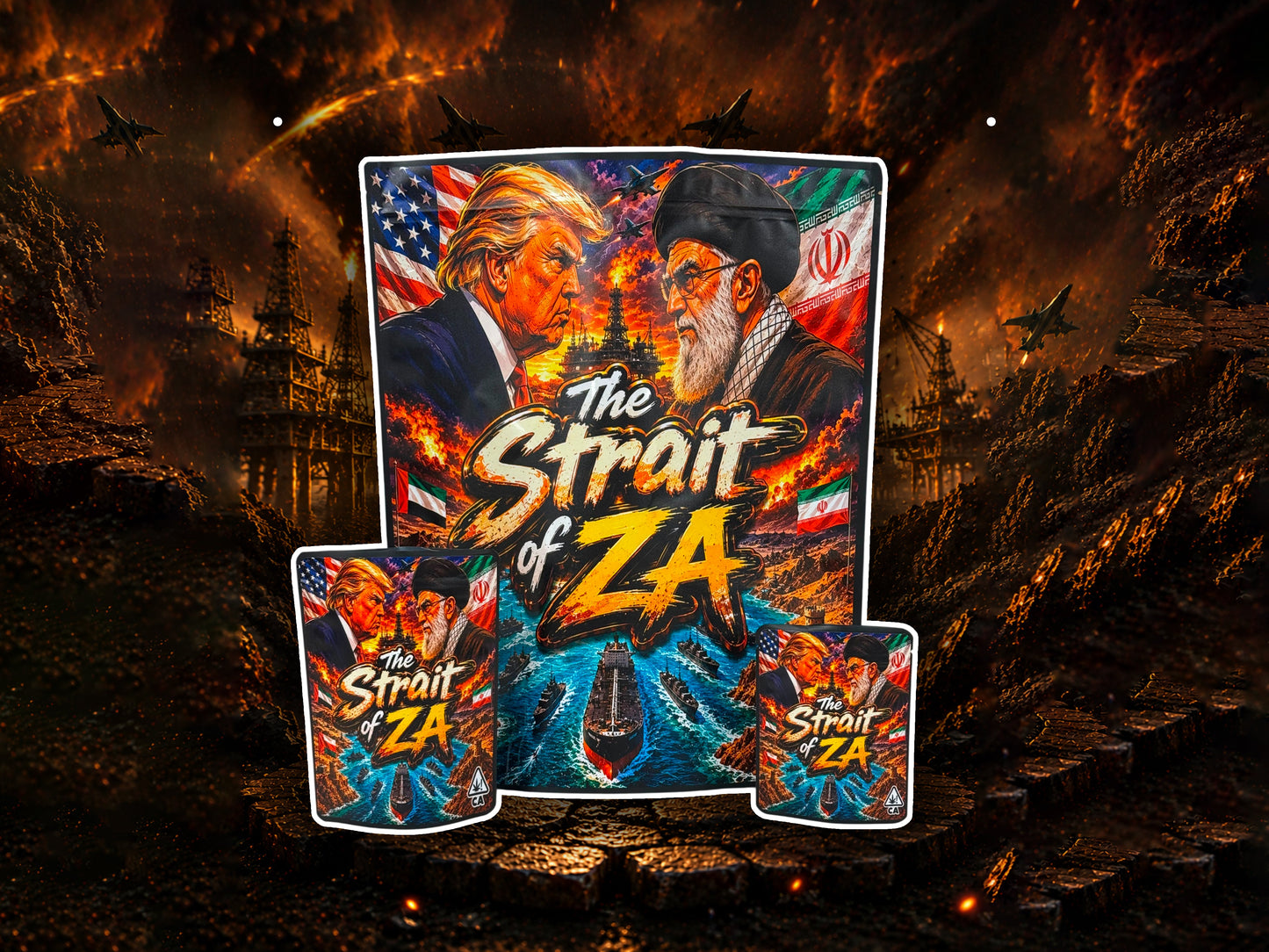The Strait of ZA CUSTOM STICKER Combo Pack Mylar Bag Set – 32 (3.5g), 16 (1oz), 1 (1lb)