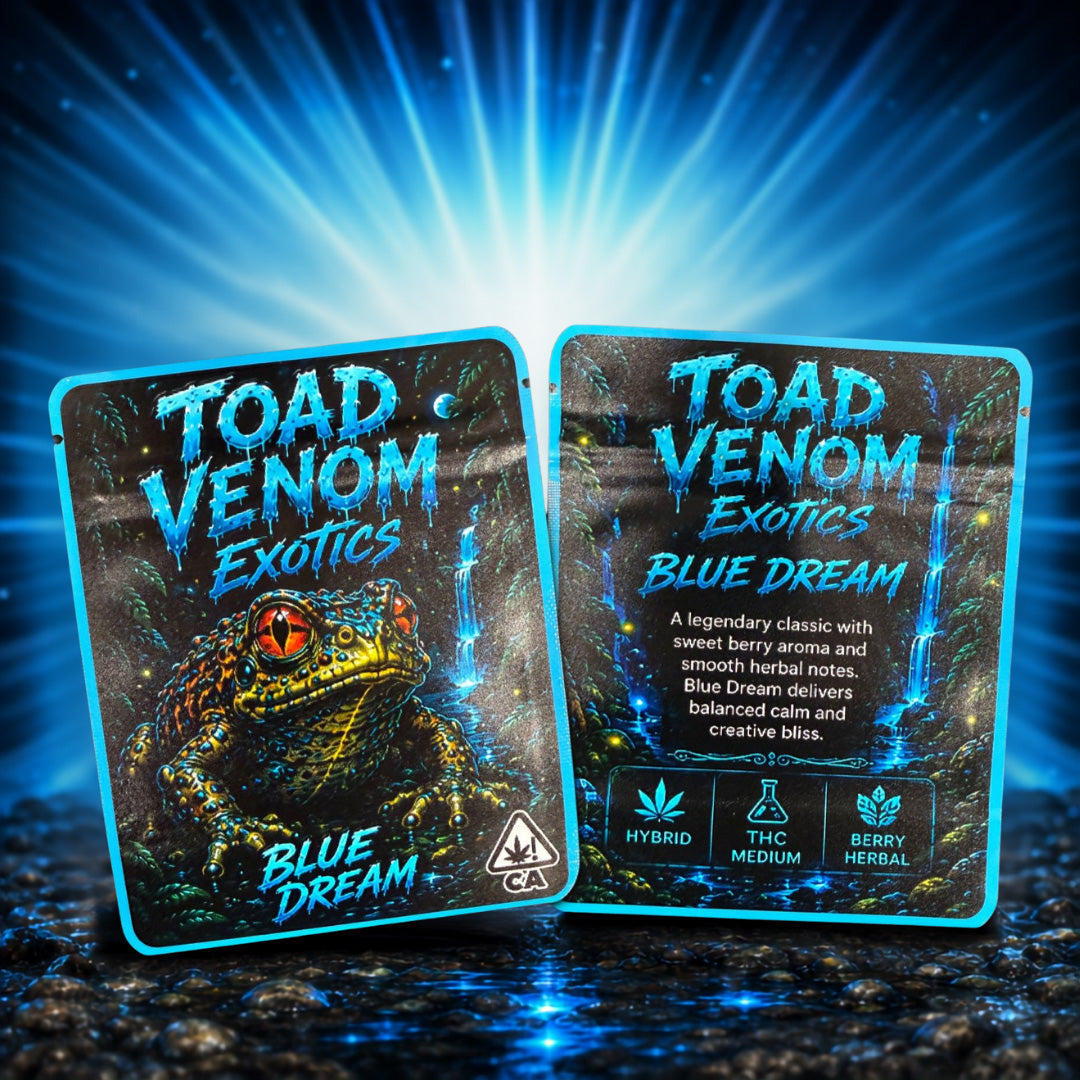 Toad Venom Exotics Blue Dream Custom 3.5G Sticker Mylar Bag